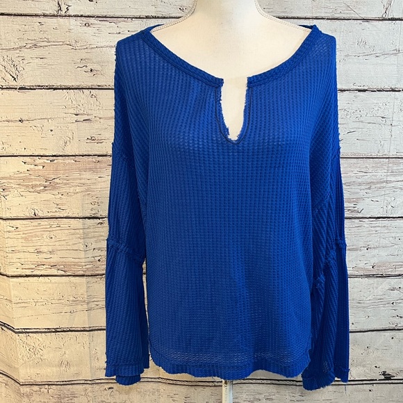 FREE PEOPLE "We the Free" Long Sleeve Top Waffle Weave Blue-Small - Picture 1 of 4